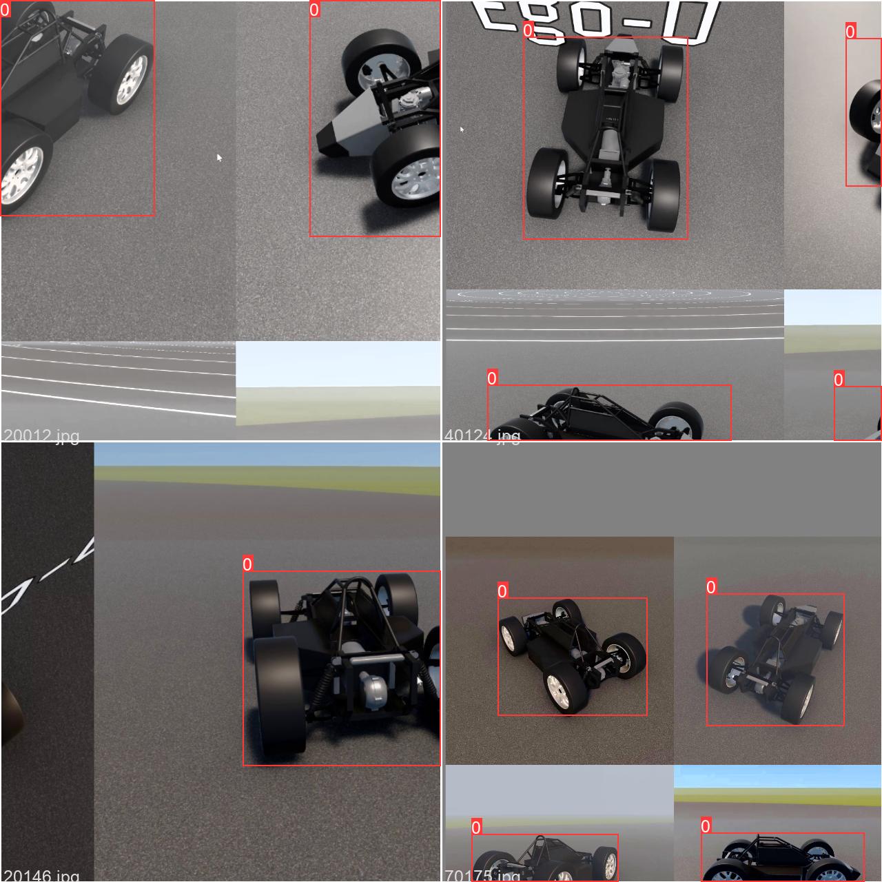 Grid of simulated race cars with bounding-box labels
